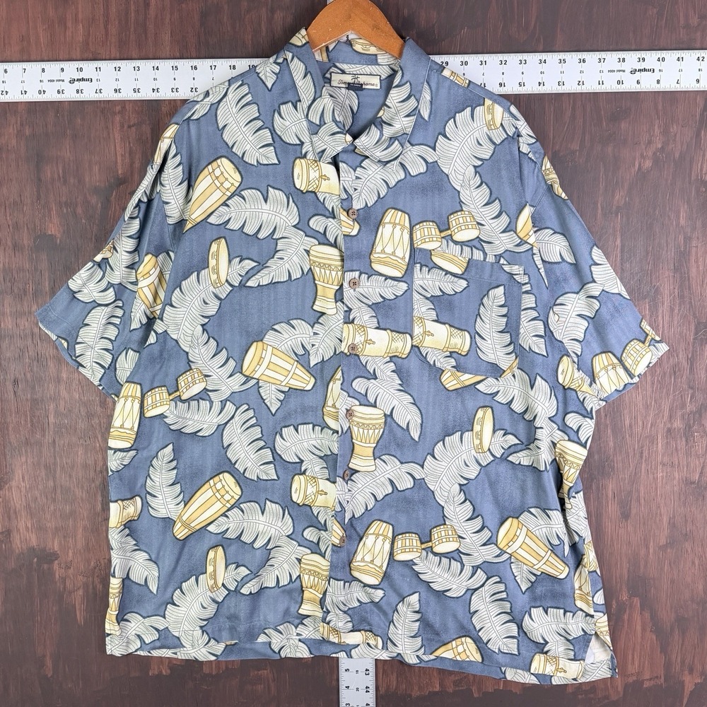 Tommy Bahama Hawaiian Shirt Drums Floral 100%‎ Silk S/S Button Up Men 2XL Multi